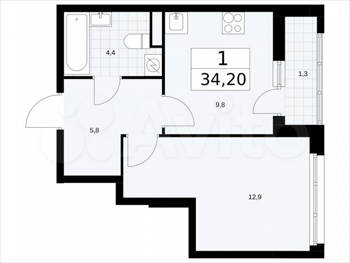 1-к. квартира, 34,2 м², 2/9 эт.