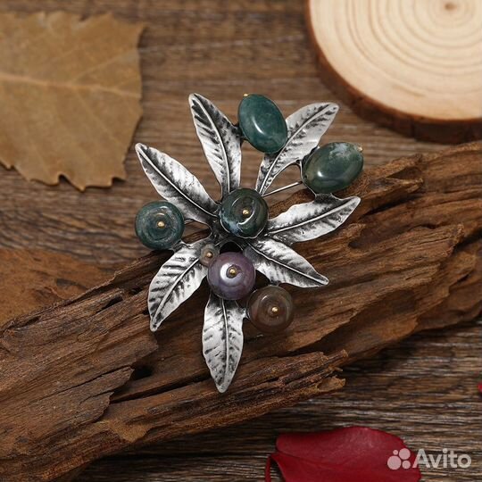 Премиум Брошь 2в1 Лесные Ягоды нат. камни Винтаж