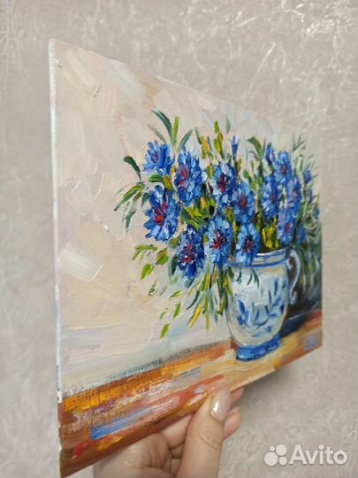 Картина маслом натюрморт цветы васильки