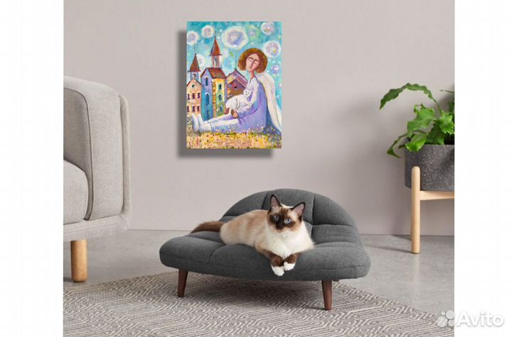 Картина Ангел и Кот город маслом 40х30 на заказ