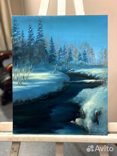 Картина маслом зимний пейзаж Зимняя река 40х50 см