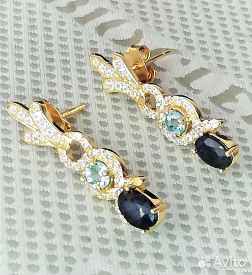 Серьги серебро сапфир, топаз С288