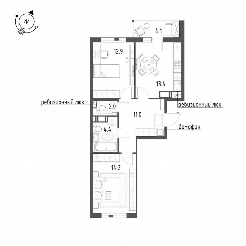 2-к. квартира, 60 м², 10/12 эт.