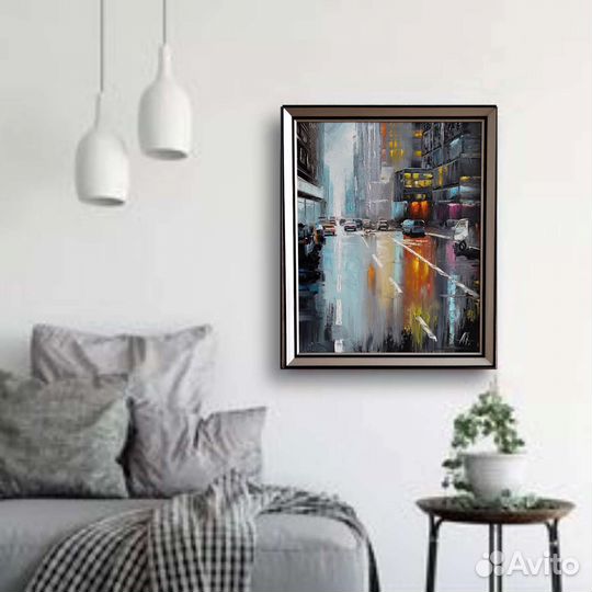 Картина холст масло 55*45 город дождь