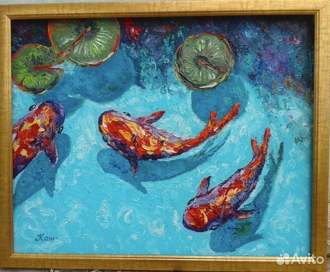 Картина маслом с рыбками кои