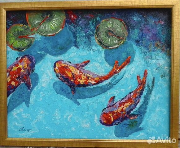 Картина маслом с рыбками кои