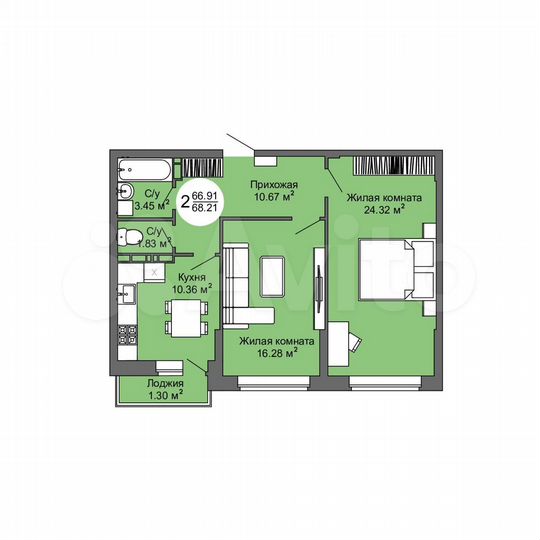 2-к. квартира, 68,2 м², 11/17 эт.