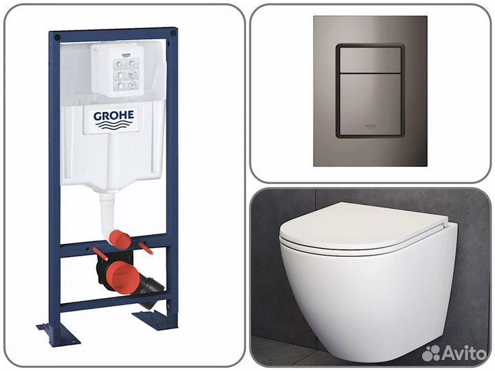 Инсталляция Grohe, кнопка оружейная сталь и унитаз