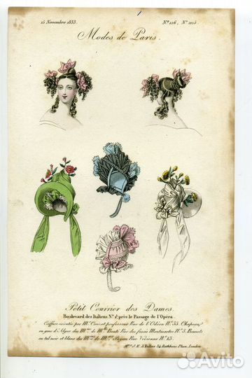 Старинная гравюра 1833 г. мода костюм антиквариат