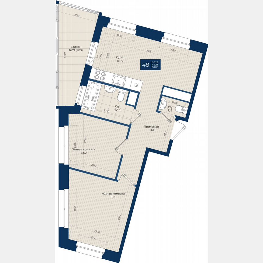2-к. квартира, 50,1 м², 10/12 эт.