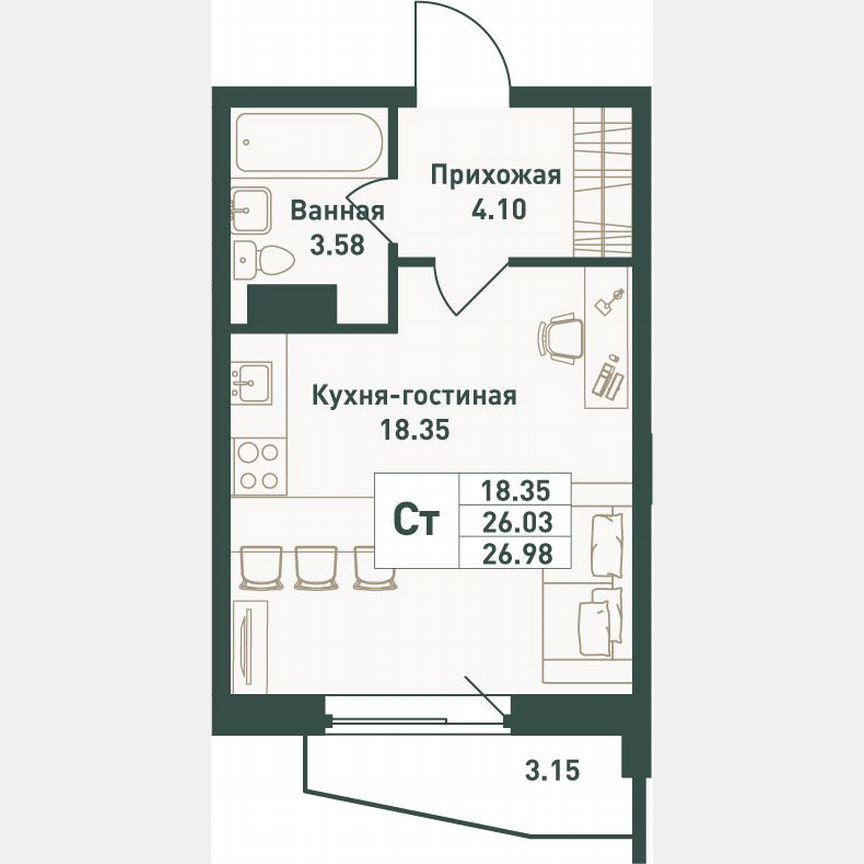 Квартира-студия, 27 м², 3/16 эт.