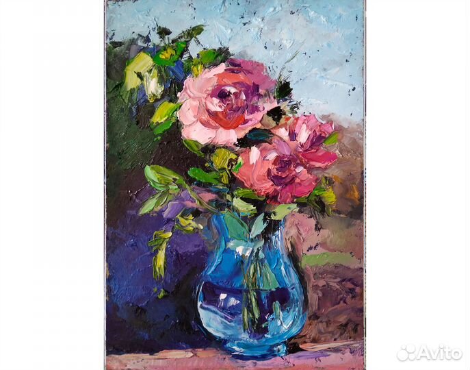Картина маслом мастихином цветы Розы ручная работа