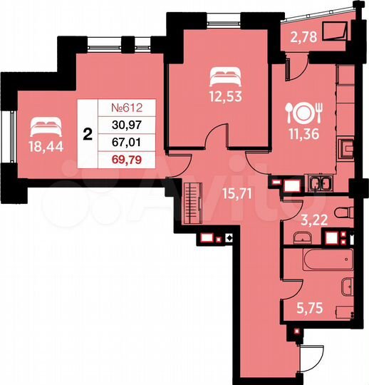 2-к. квартира, 69,8 м², 15/25 эт.