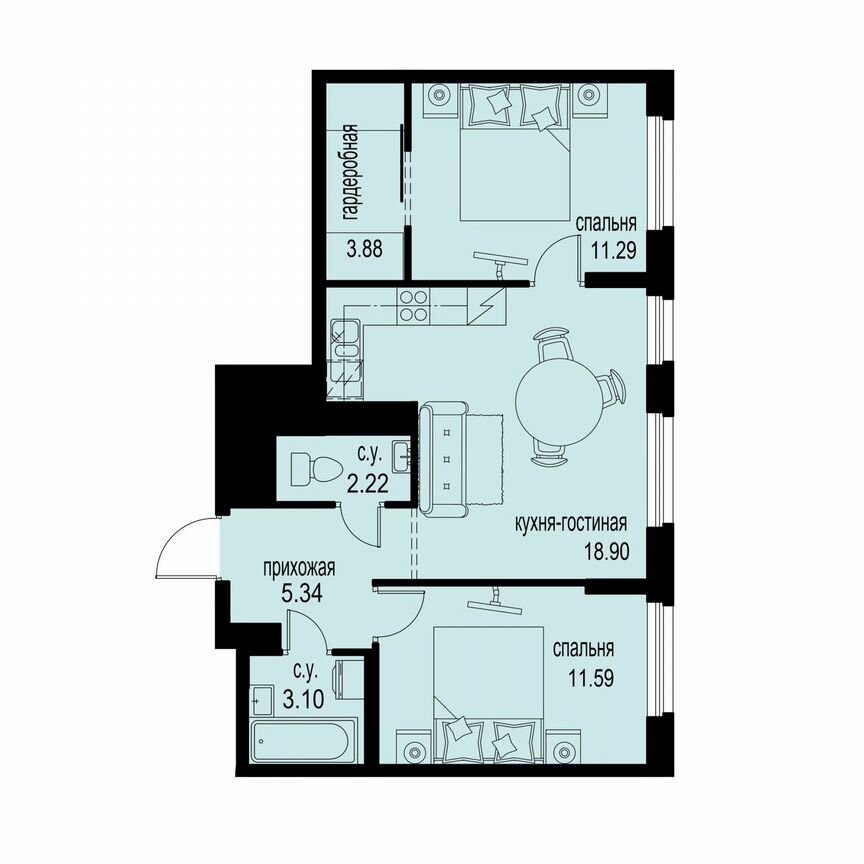 2-к. квартира, 56,3 м², 3/12 эт.