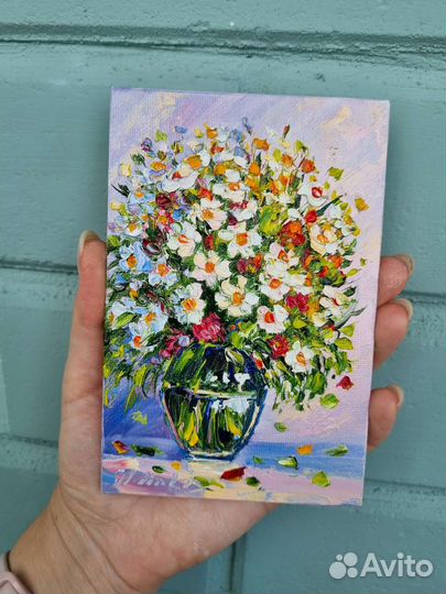 Картина маслом ромашки цветы натюрморт