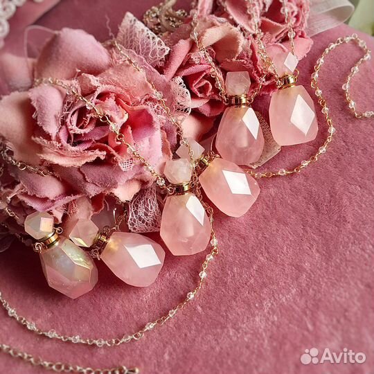 Кулон флакон для духов розовый кварц граненый