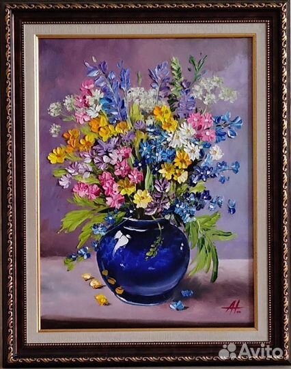 Картина маслом на холсте 52*42 букет в вазе