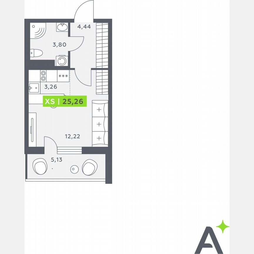 Квартира-студия, 25,3 м², 3/12 эт.