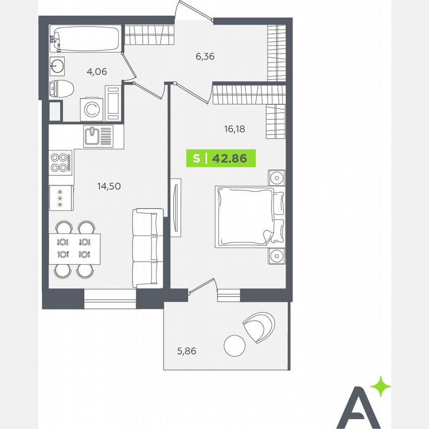 1-к. квартира, 42,9 м², 12/12 эт.
