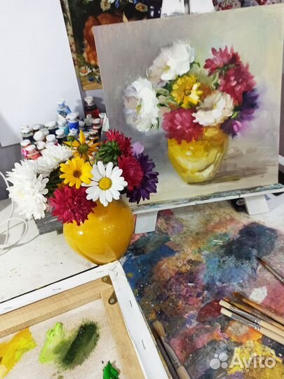 Картина букет цветов астры масло холст