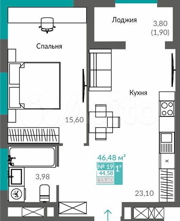 1-к. квартира, 44,6 м², 3/12 эт.