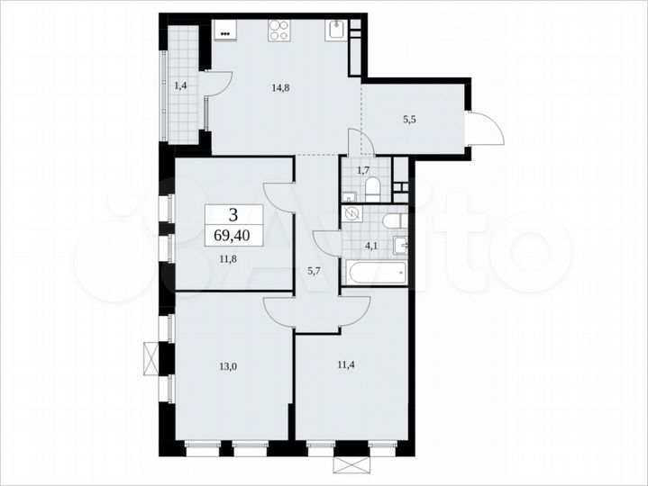 3-к. квартира, 69,4 м², 15/18 эт.