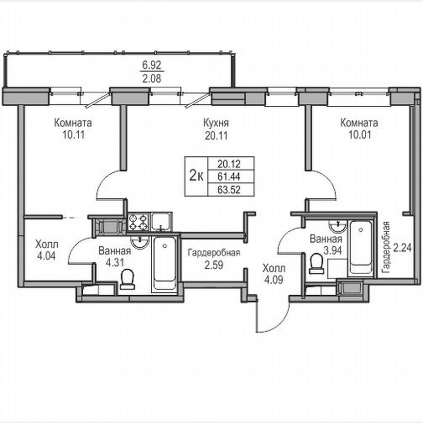 2-к. квартира, 63,5 м², 16/23 эт.