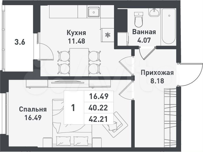1-к. квартира, 42,2 м², 9/11 эт.
