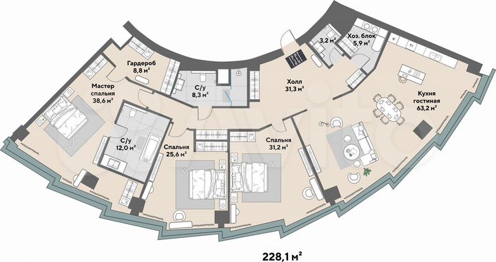 4-к. квартира, 228,1 м², 43/52 эт.