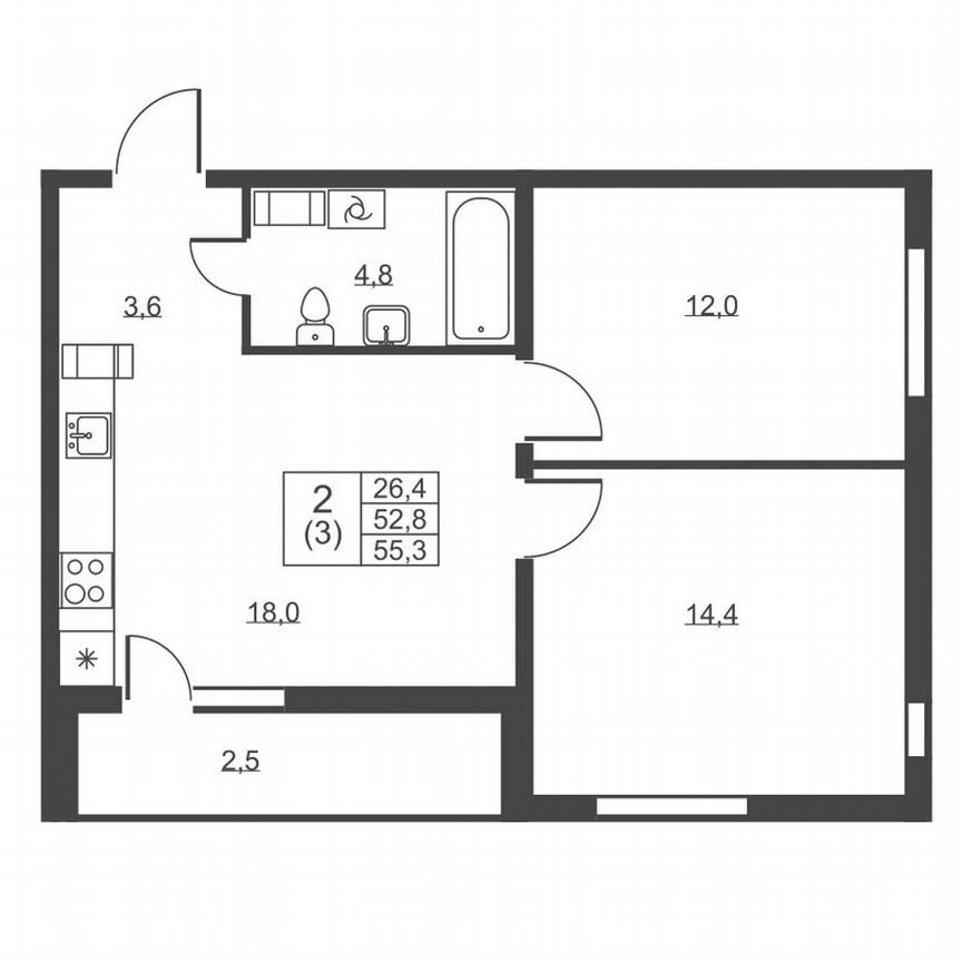 2-к. квартира, 55,3 м², 3/8 эт.