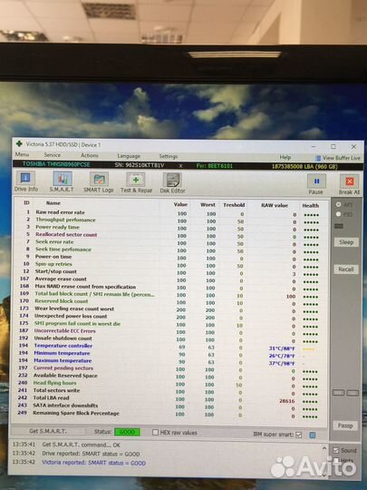 Новый SSD toshiba 960 GB 2’5 SATA