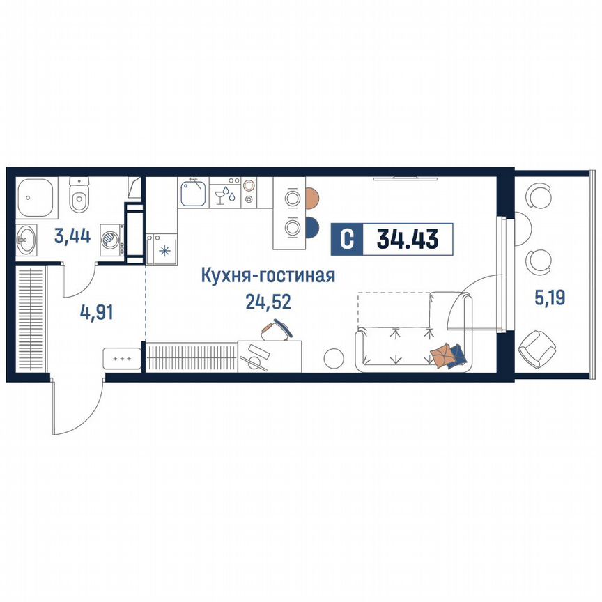 Квартира-студия, 34,4 м², 12/18 эт.