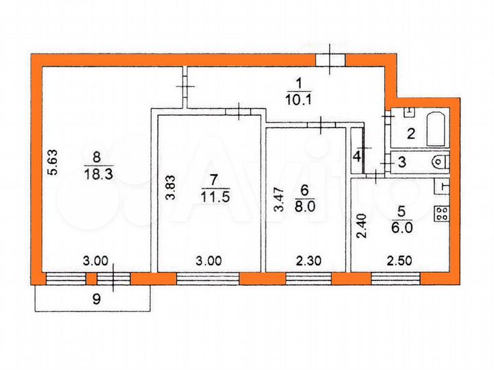 3-к. квартира, 59 м², 5/9 эт.
