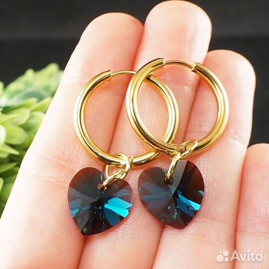 Серьги Кольца Конго Сваровски Сердца Сердечки