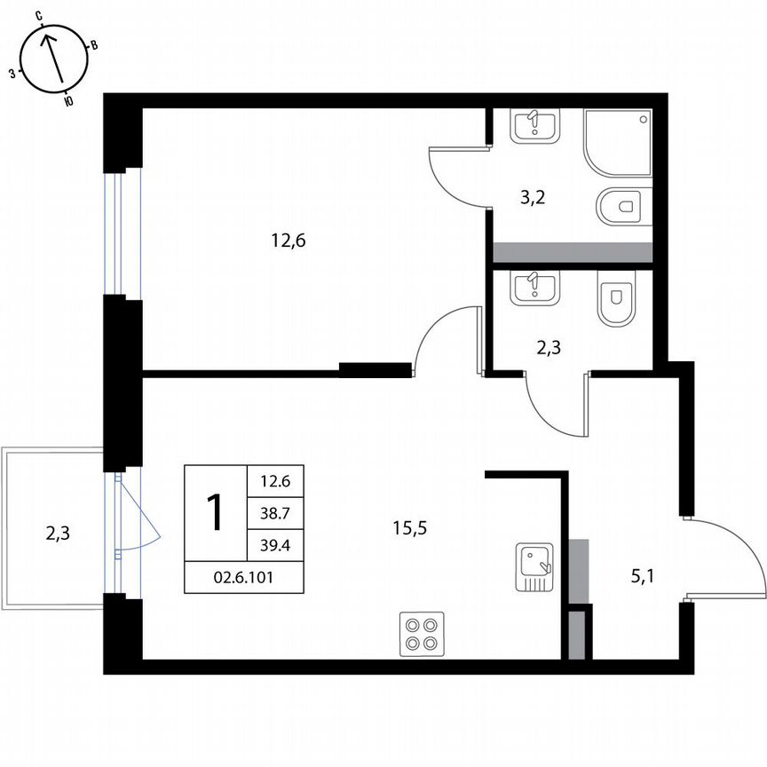 1-к. квартира, 39,4 м², 3/3 эт.
