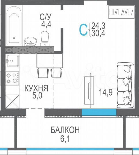 1-к. квартира, 30,4 м², 2/9 эт.
