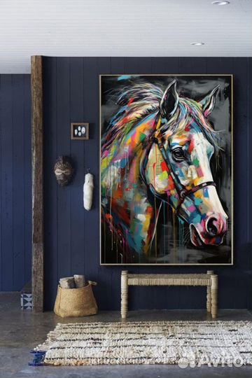 Картина маслом разноцветная лошадь Премиум холст