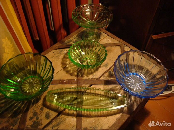 Ваза Конфетница Зеленое Цветное Стекло СССР