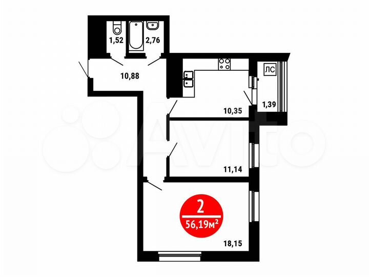 2-к. квартира, 56,2 м², 12/25 эт.