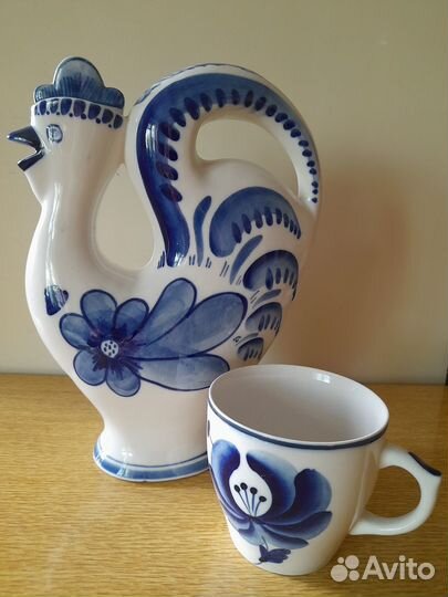 Графин, штоф, кувшин Петух и чашка Гжель СССР