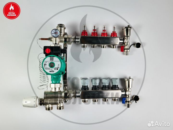 Коллектор для теплого пола на 4 выхода (в сборе)