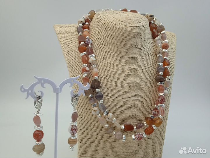 Бусы 96см,серьги 6см натуральный камень