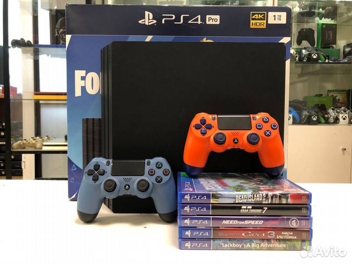 PS 4 PRO 1Tb с 2 контроллерами + 55 игр
