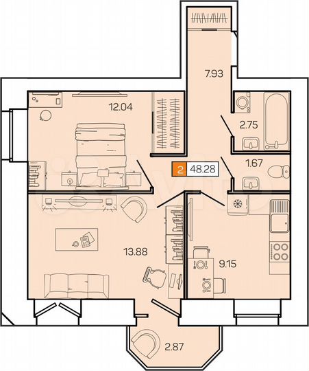 2-к. квартира, 48,3 м², 8/9 эт.