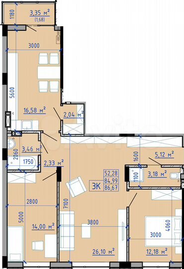 3-к. квартира, 86,5 м², 2/9 эт.