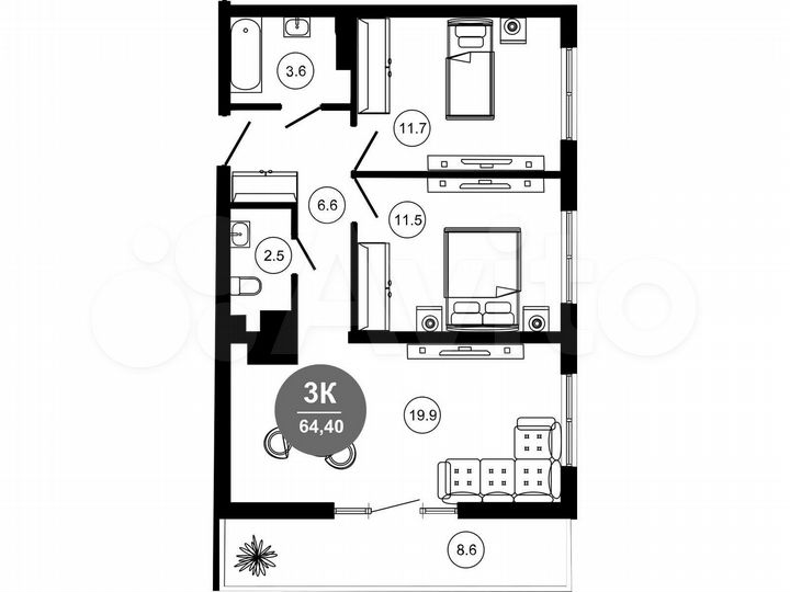 3-к. апартаменты, 64,3 м², 5/10 эт.