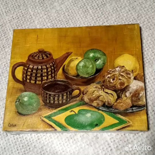 Натюрморт Чаепитие живопись Холст Подпись 2004