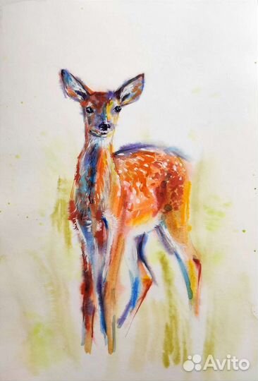 Картина акварелью. Оленёнок