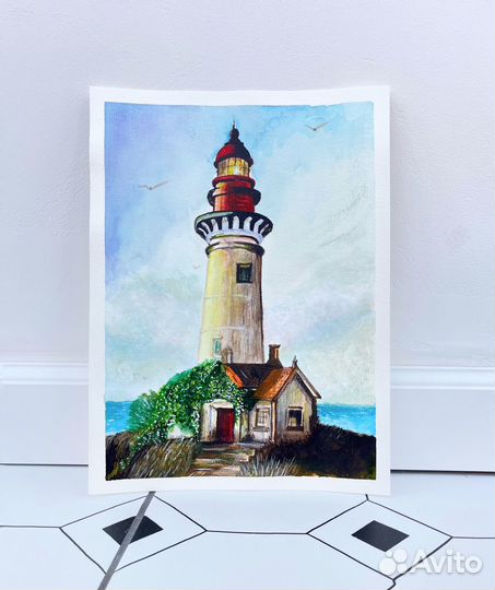 Картина акварелью маяк