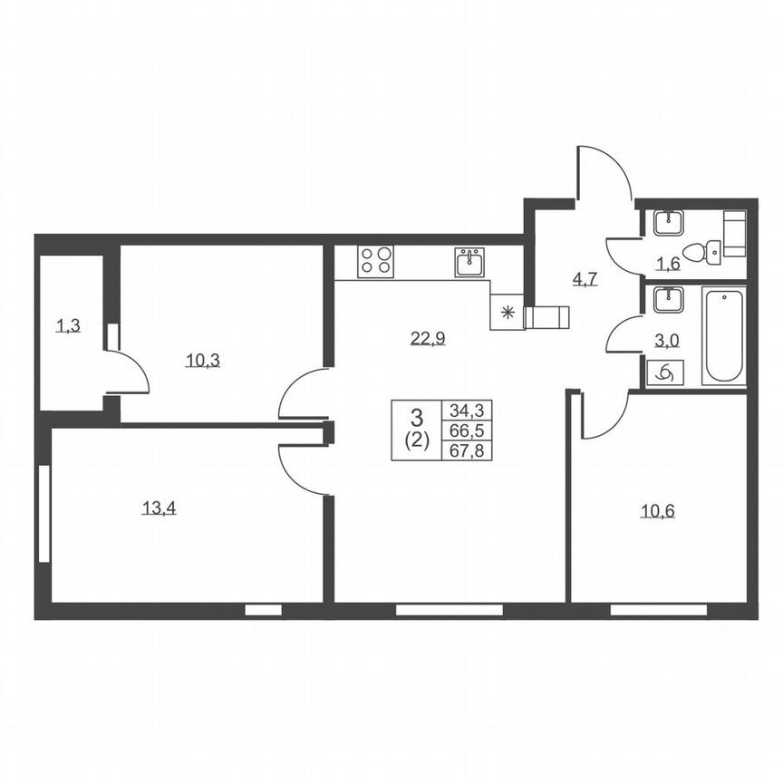 3-к. квартира, 67,8 м², 3/8 эт.